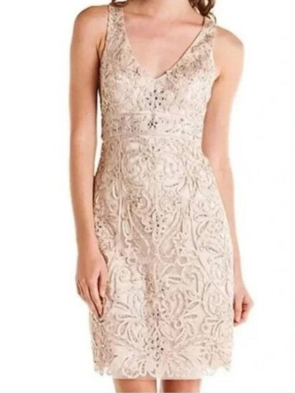 Sue Wong cream embroidered lace sheath dress